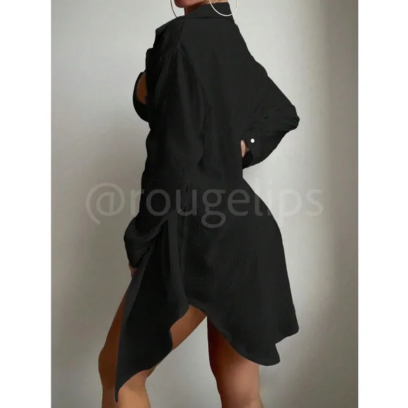 Black Long Button Up Shirt Beach Coverup Long Sleeve